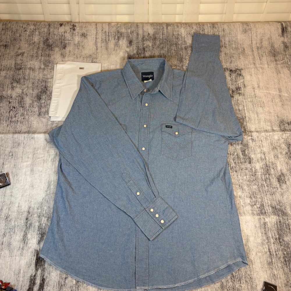 Wrangler Mens XL Blue Chambray Denim Western Pearl Snap Shirt MS70919 Cowboy